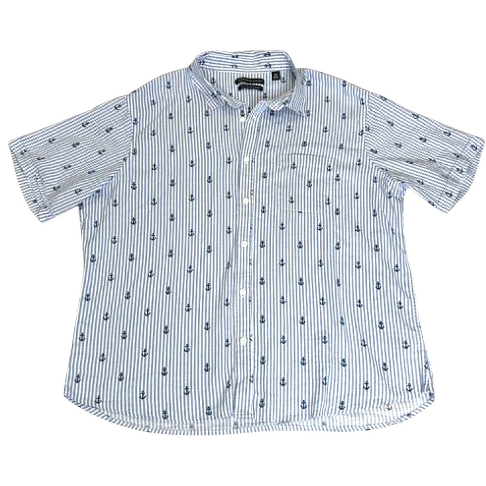 Saks Fifth Avenue Mens XXL Blue White Striped Anchor Linen Viscose Shirt SS
